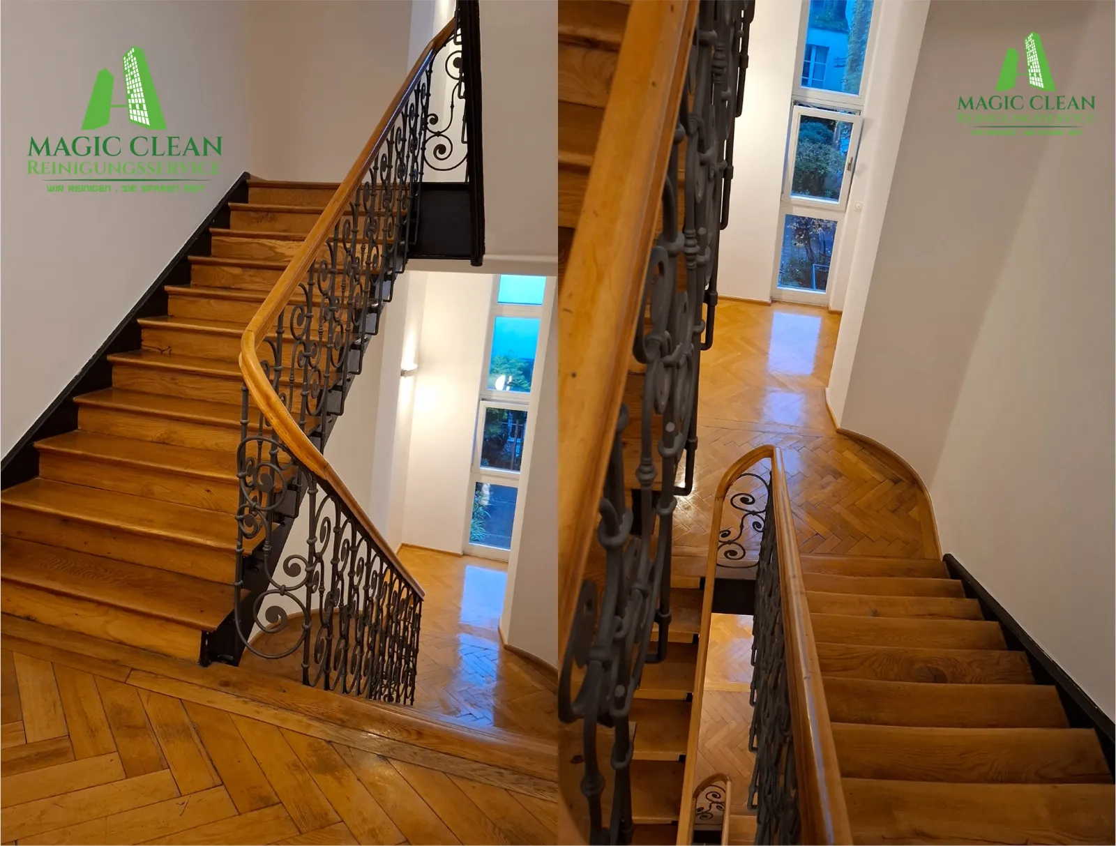 Von Magic Clean gereinigtes Treppenhaus mit Holzstufen und schmiedeeisernem Geländer